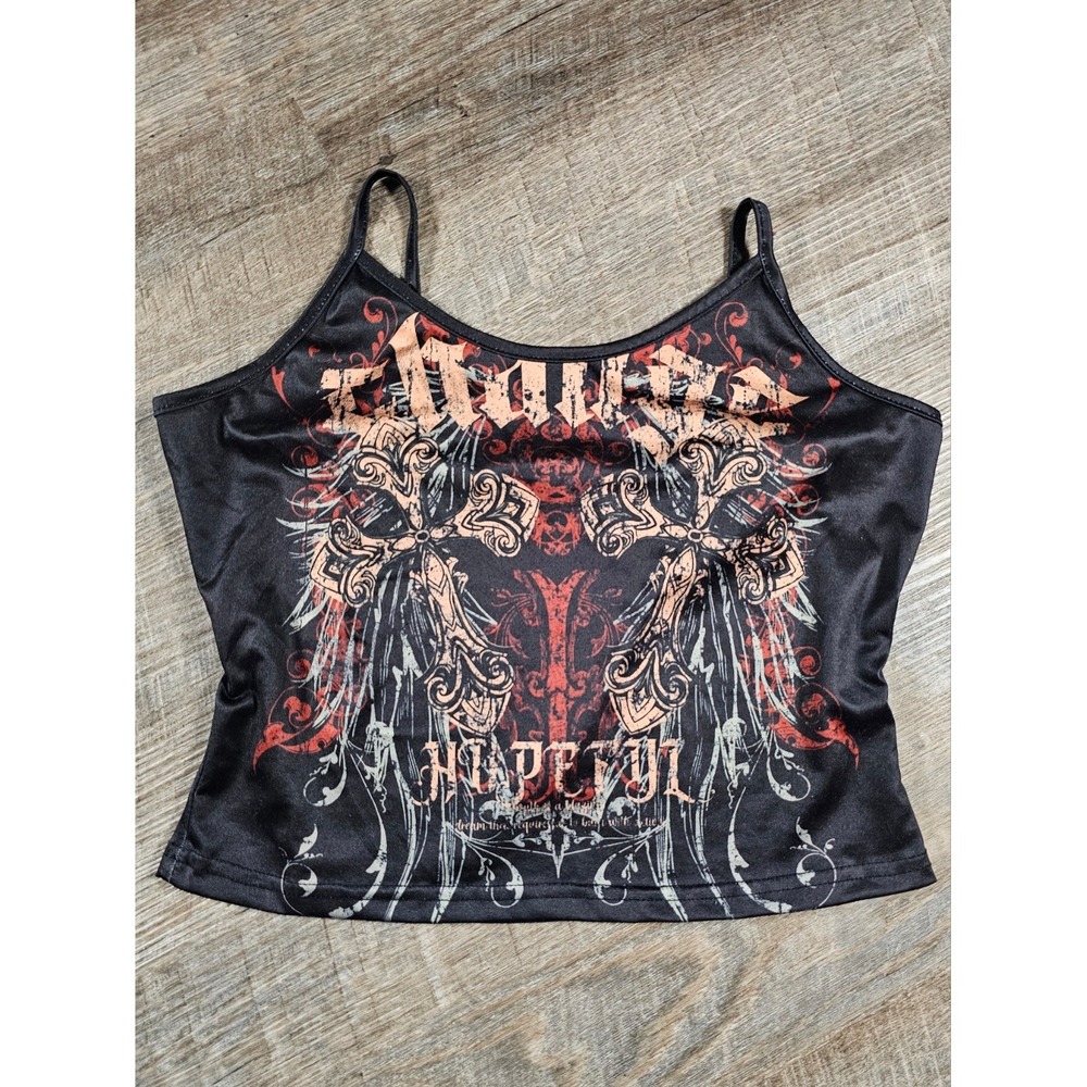 Y2K Gothic Graphic Cami Crop Top Black Red Cross Wings Faithful Hopeful Small
